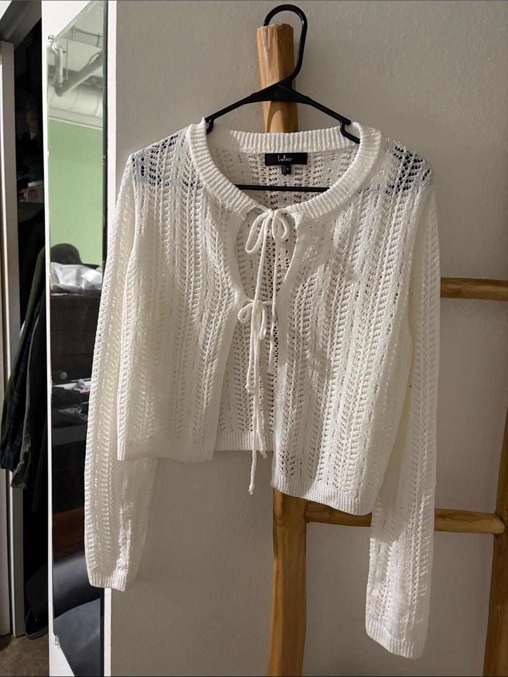 Like New - Cottagecore Crochet Alwilda White Pointelle Knit Tie-Front Cardigan